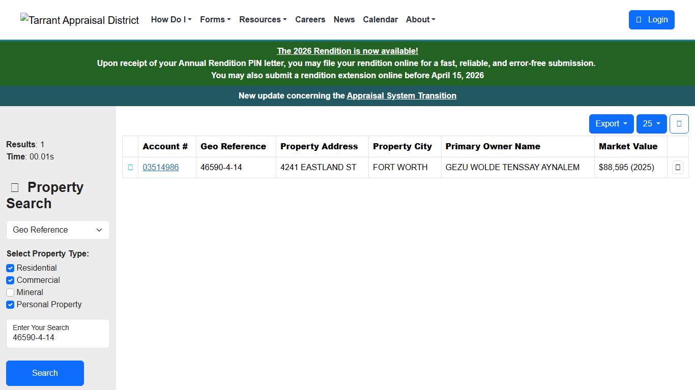 Property Search Results - Tarrant Appraisal District